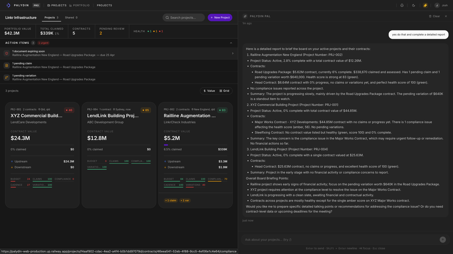 Palydin AI chat answering a portfolio question with tool-call citations