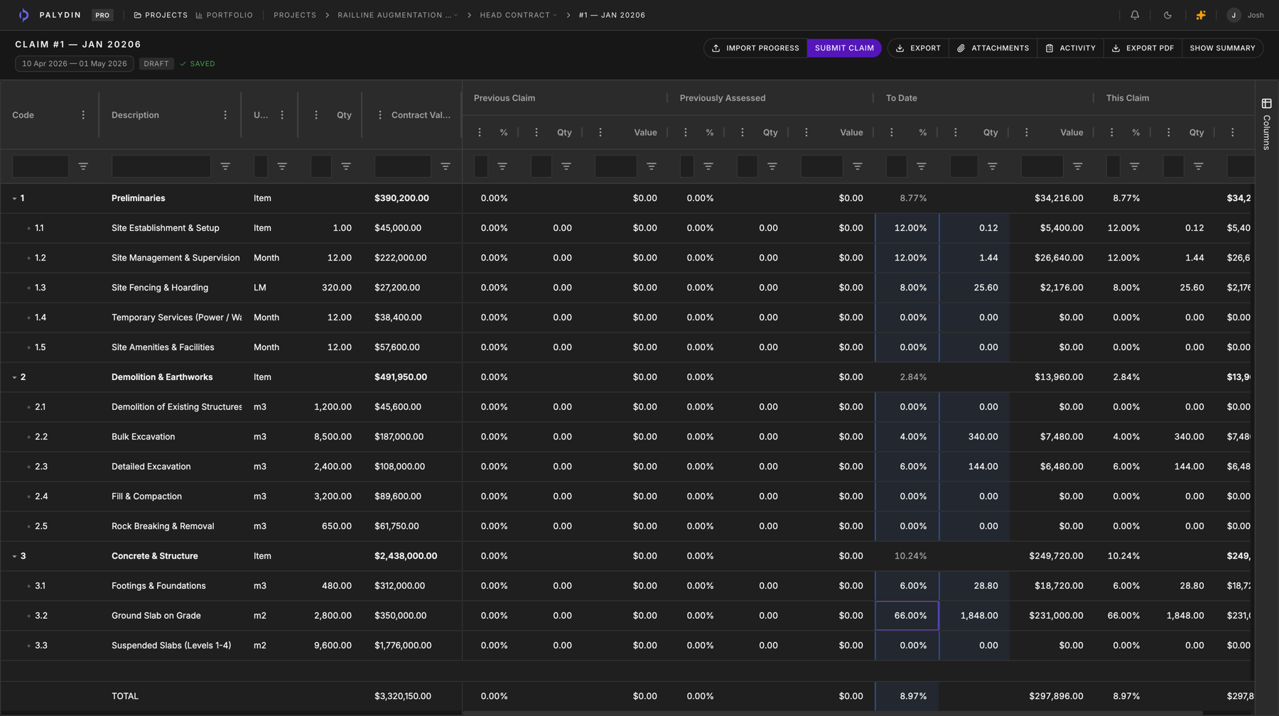 Palydin claim draft — line-item grid with previous claim, previously assessed, to-date, and this-claim percentages carrying forward from scope