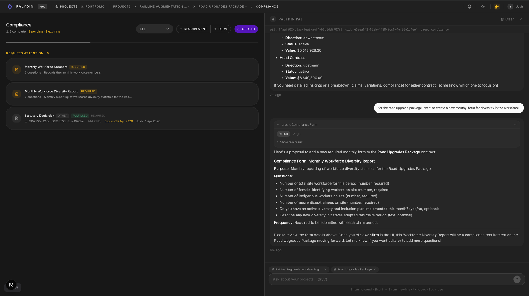 Palydin compliance page with Palydin Pal drafting a monthly Workforce Diversity Report form for the Road Upgrades Package contract