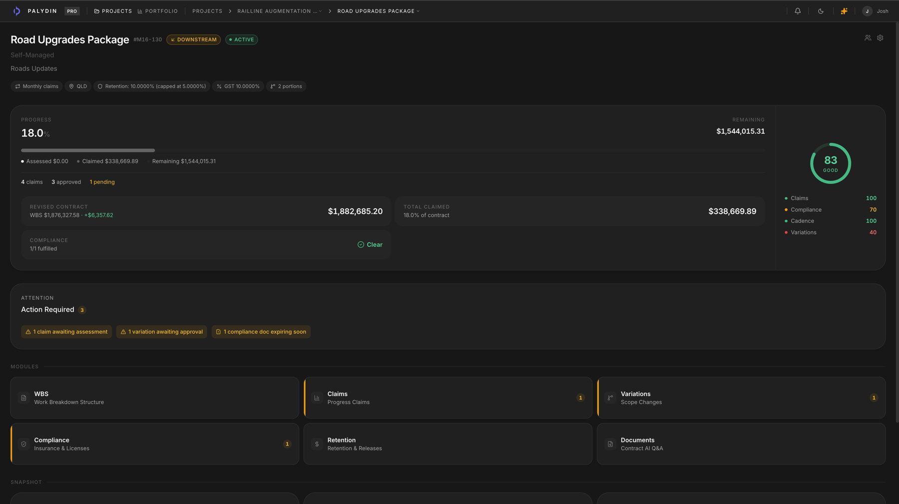 Palydin contract overview with health signals, progress, and revised contract value