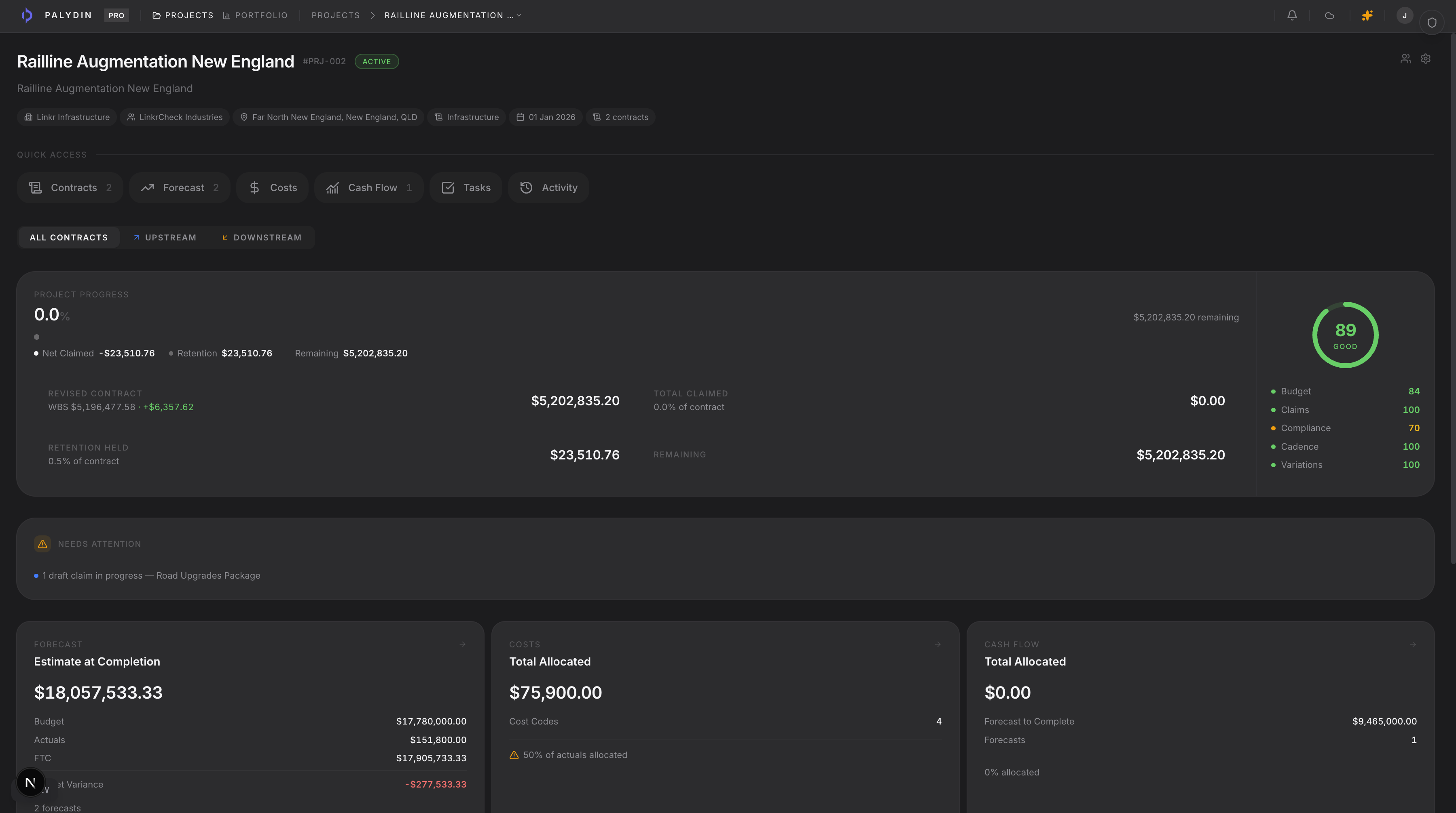 Palydin contract overview showing progress, retention, revised contract value, and claimed amounts