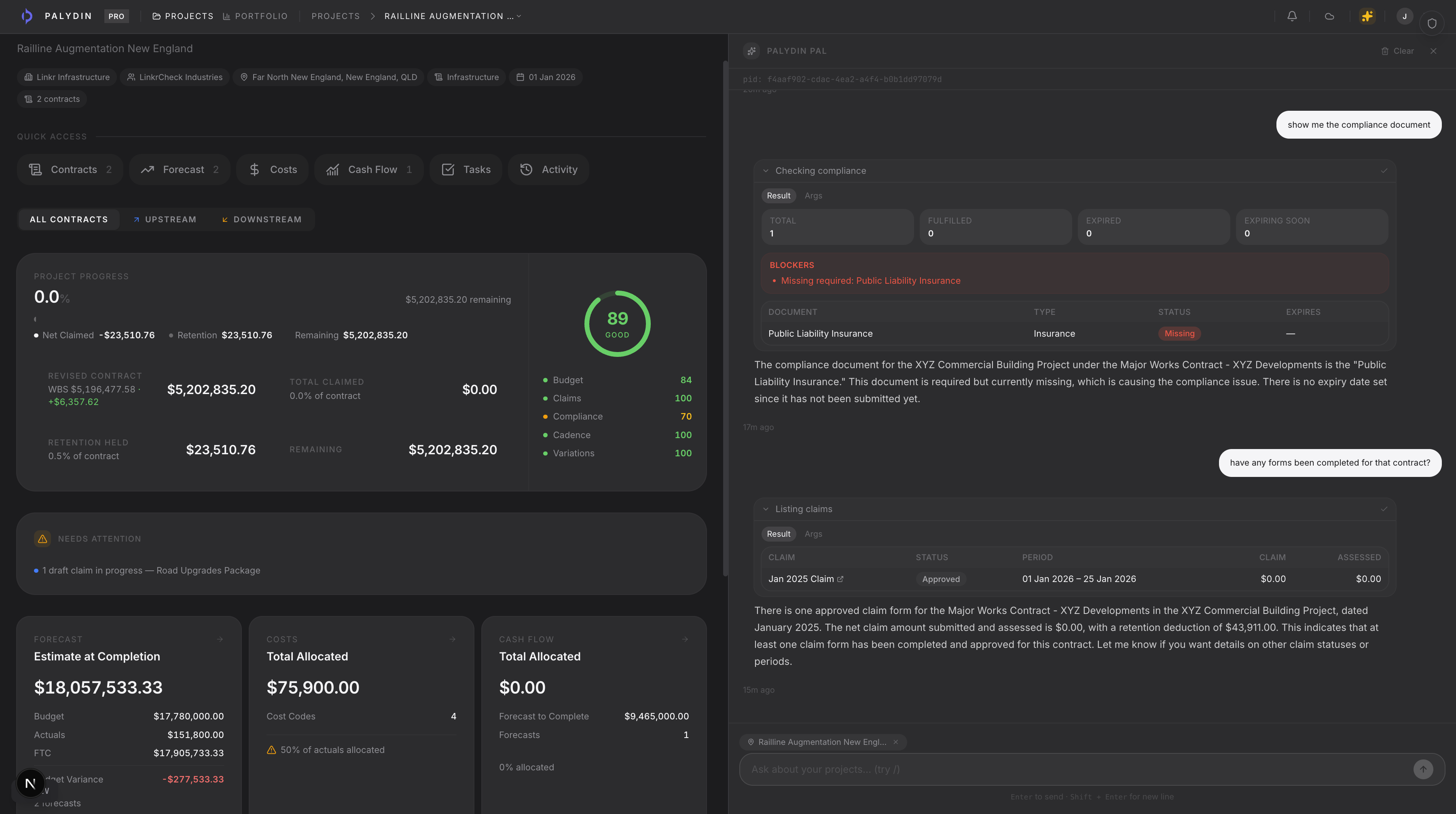 Palydin Pal AI chat answering a compliance question about the contract with source citations