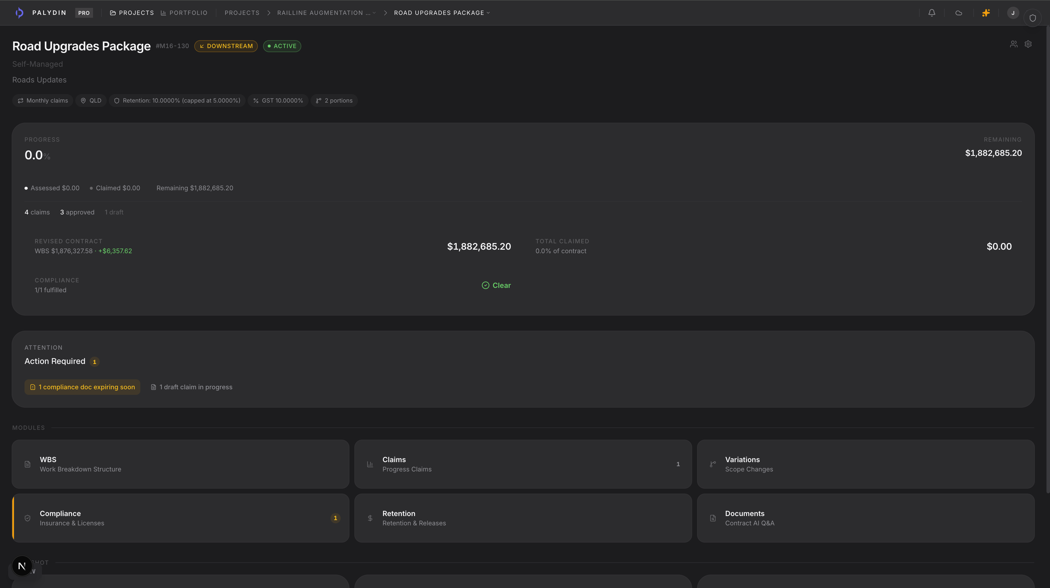 Palydin claims view showing cumulative claim progress and retention