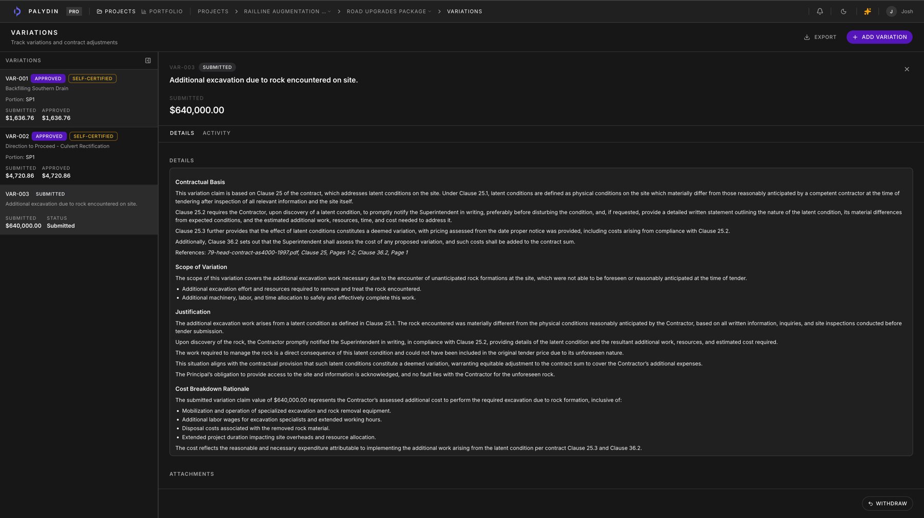 Palydin variation detail with contractual background, scope, and justification